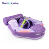 A purple baby swim float with canopy and tail support is shown on a white background.