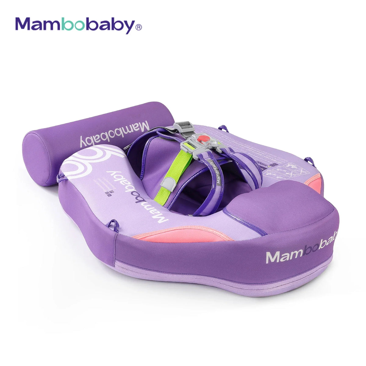 A purple baby swim float with canopy and tail support is shown on a white background.