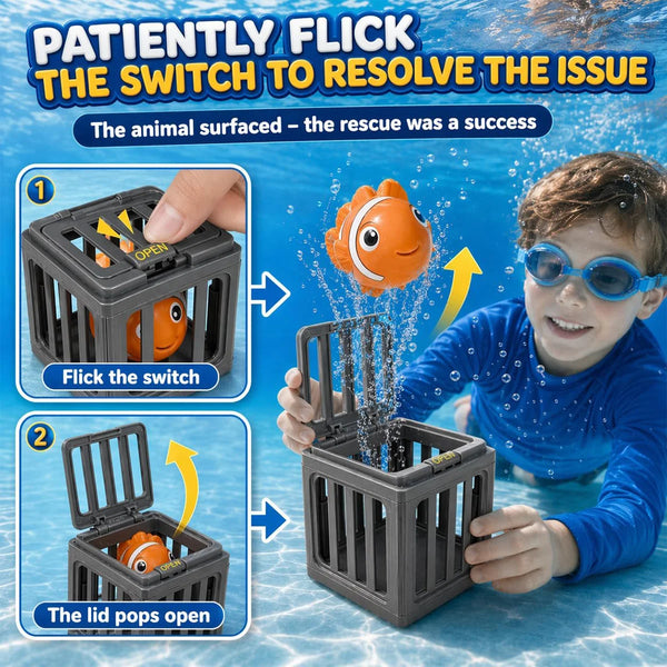 A child successfully flicks a switch to rescue an orange fish from a plastic container.