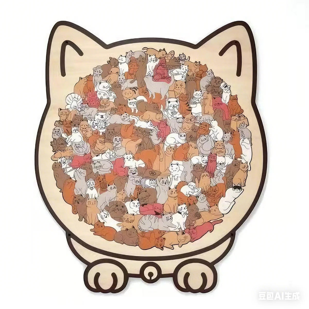 A wooden cat-shaped jigsaw puzzle featuring many cats in various poses and colors.