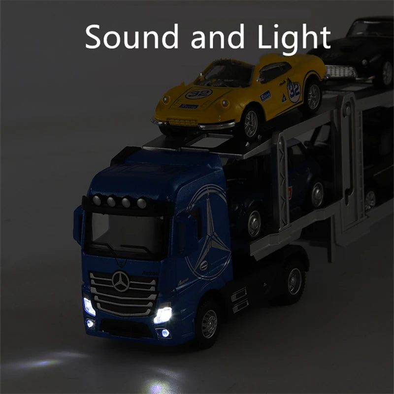 A blue Mercedes truck is driving a yellow race car on a diecast container truck with pull-back action and sound and light eff