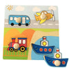 A set of wooden puzzles featuring vehicles like a bus, airplane, and train for toddlers.