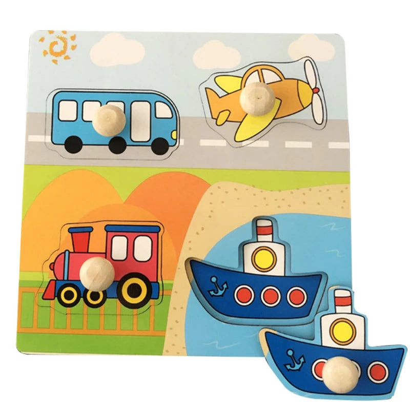 A set of wooden puzzles featuring vehicles like a bus, airplane, and train for toddlers.