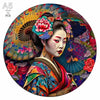 A detailed painting of a woman in traditional attire with elaborate hair and flowers, surrounded by colorful folding fans.