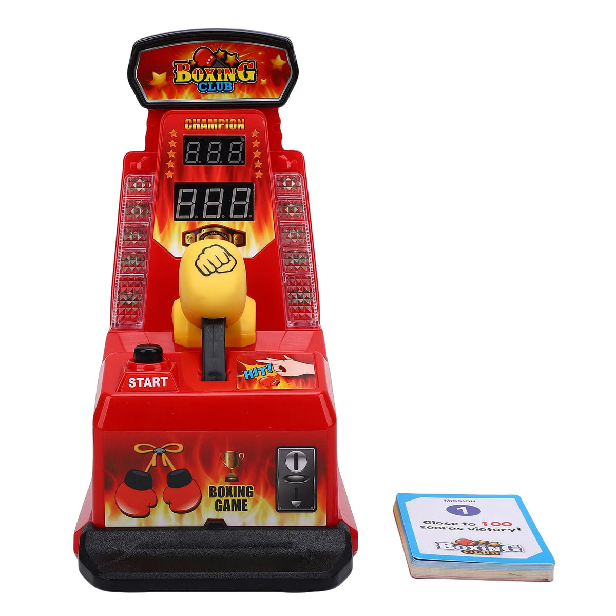 A red interactive finger boxing machine with an LED display and a yellow boxing glove.