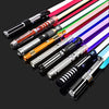 A collection of colorful RGB metal lightsabers with sound effects and removable blades displayed against a dark background.