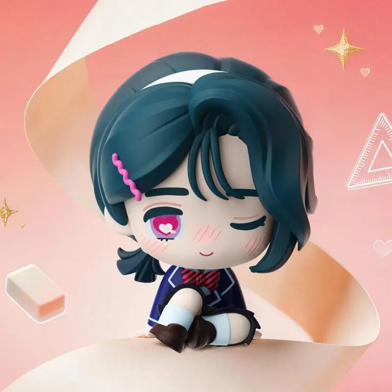 A blind box figure of a girl with dark blue hair and purple accents is displayed against a pink background.