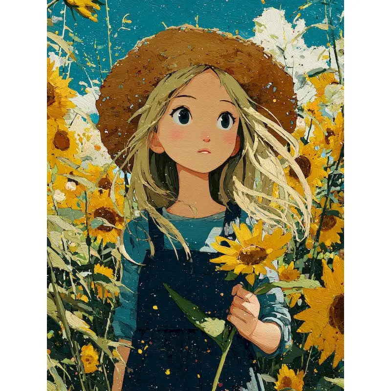 A young girl wearing a straw hat and overalls stands amidst a field of yellow sunflowers.