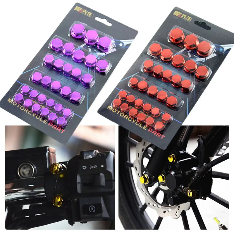 A set of decorative screw covers in purple and red for motorcycle parts.