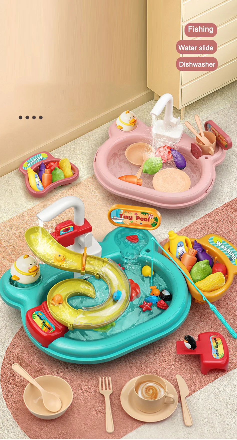 A pink plastic kitchen sink toy with running water and a yellow plastic snake for fishing game
