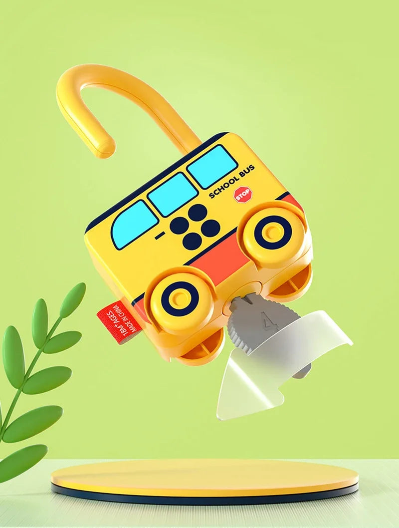 A yellow Montessori number matching lock toy with keys for toddlers is shown against a light green background.