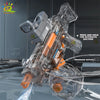 A clear plastic automatic electric water blaster toy is shown spraying water, with a drainage outlet visible.
