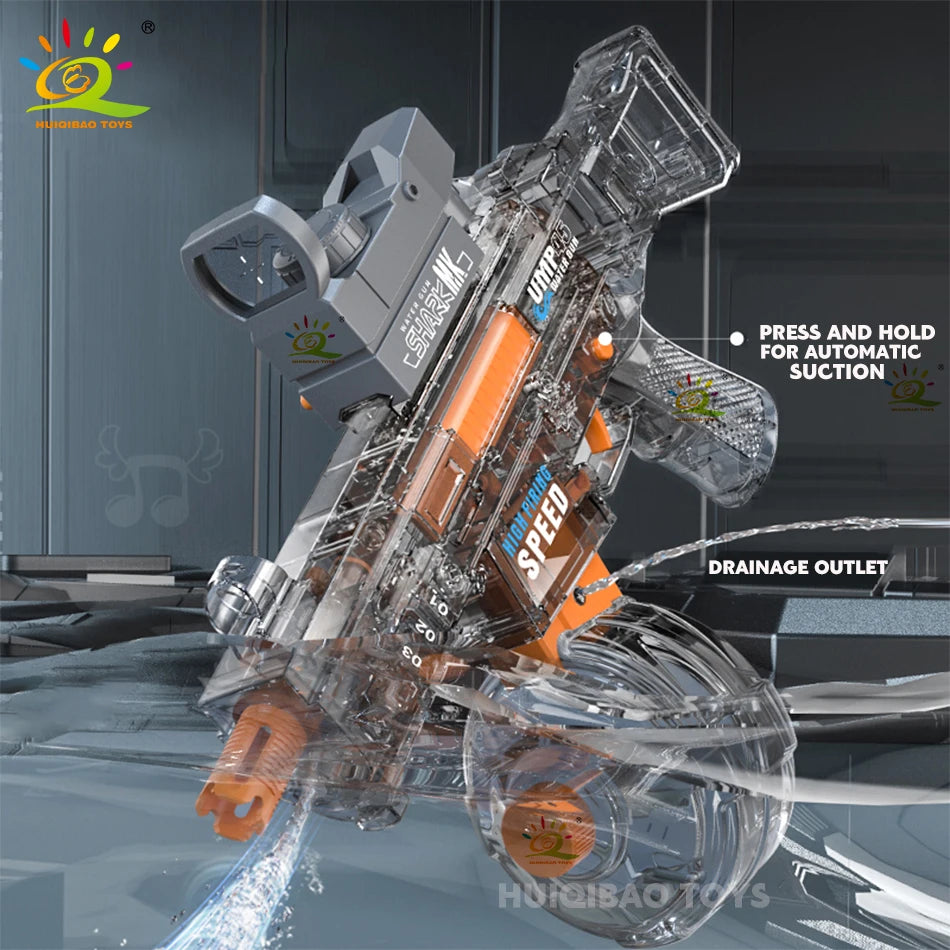 A clear plastic automatic electric water blaster toy is shown spraying water, with a drainage outlet visible.