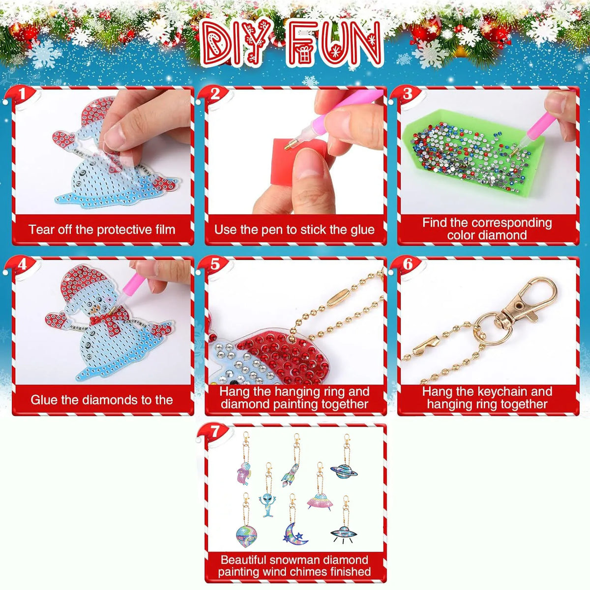A step-by-step guide showing how to create a snowman diamond painting and hang it as a keychain.