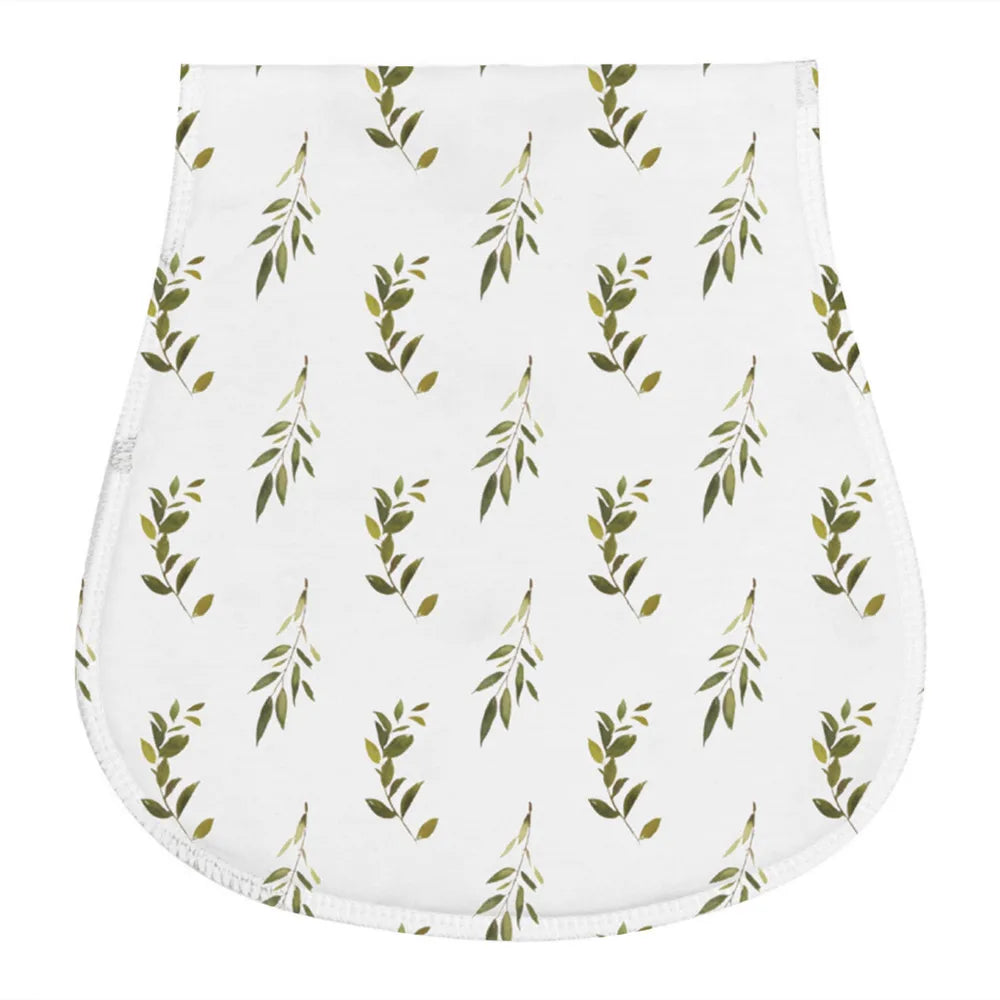 White absorbent burp cloth featuring a repeating pattern of green eucalyptus leaves.