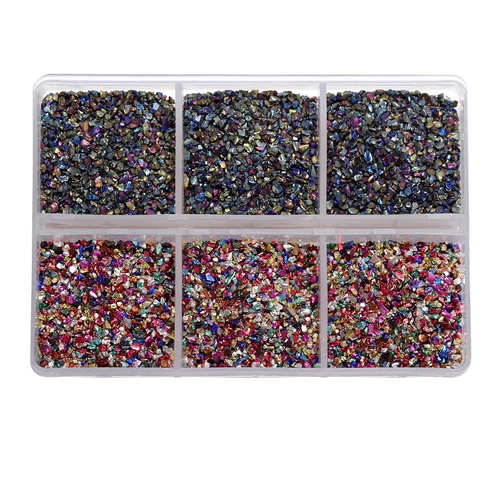 A clear plastic container filled with various colors of crushed glass stones for resin and craft projects.