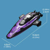 A purple and black high-speed remote control boat with LED lights shown in a side view.