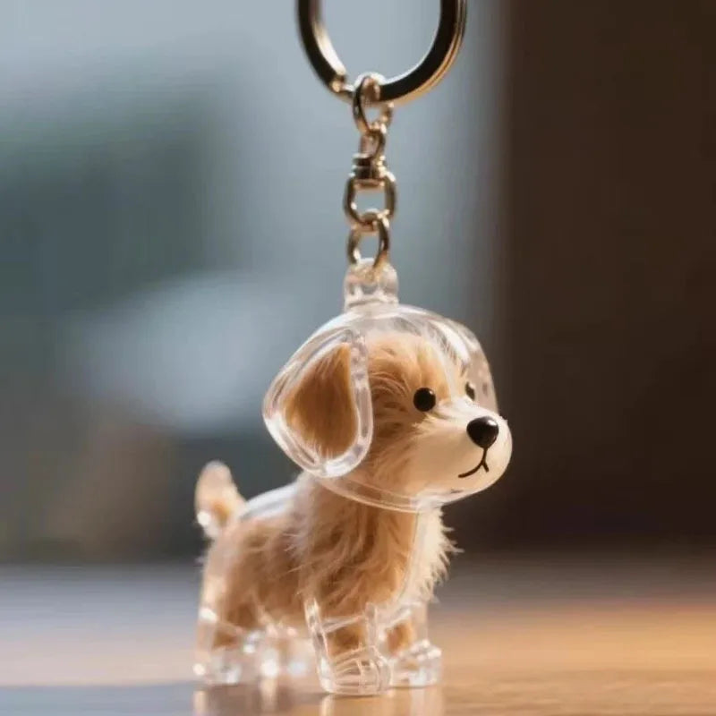 A clear dog-shaped pet hair keepsake keychain with a silver clasp, sitting on a wooden surface.