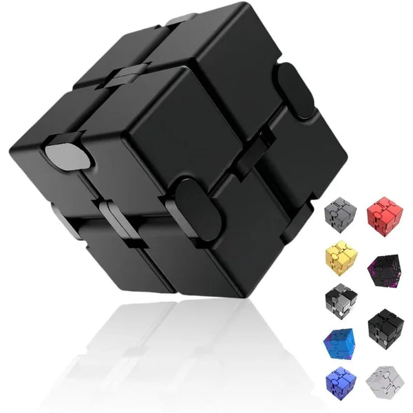 A black metal infinity fidget cube with various colored cube pieces displayed on a reflective surface.