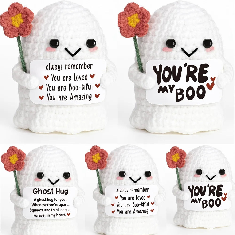 Handmade crochet white ghost doll with flowers and an emotional support card