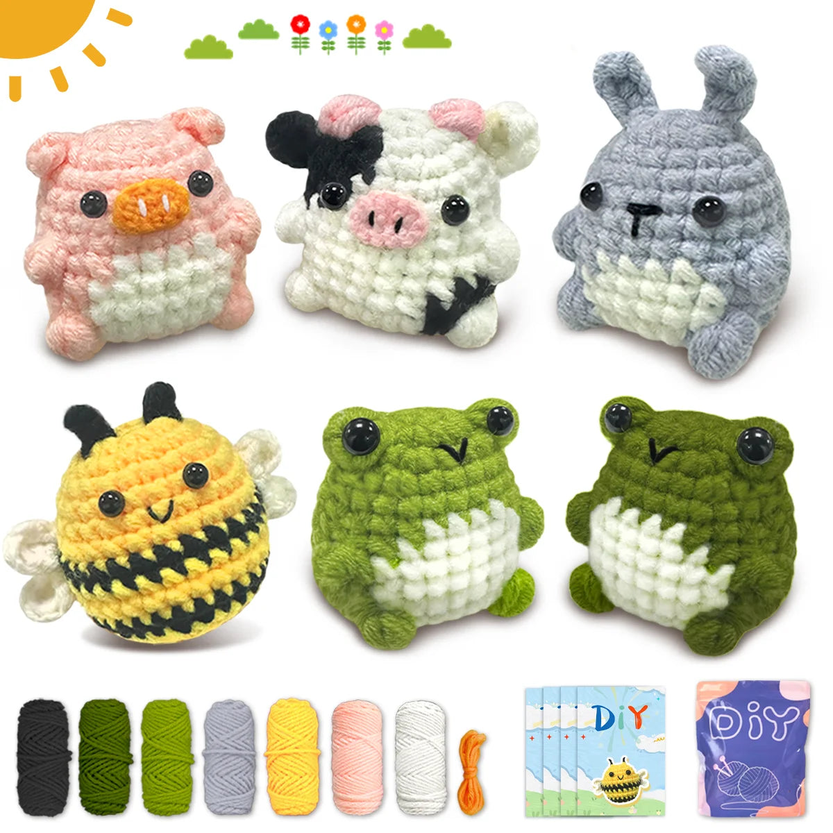 Collection d'animaux au crochet, incluant un porc, une vache, un lapin, une abeille et deux grenouilles, avec diverses couleu