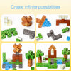 A colorful magnetic building tile set showing various geometric shapes and natural elements constructed into different struct
