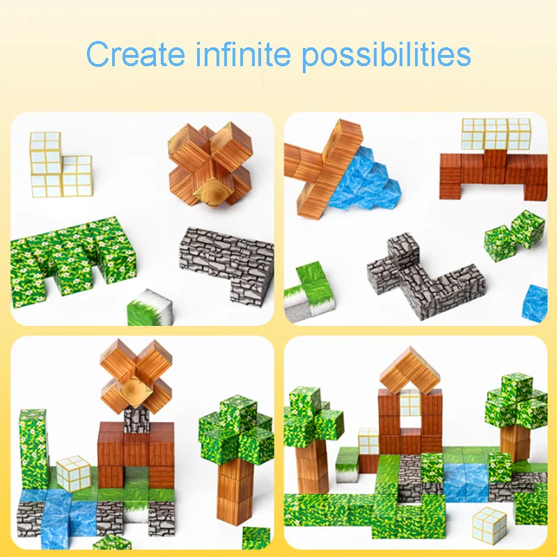 A colorful magnetic building tile set showing various geometric shapes and natural elements constructed into different struct