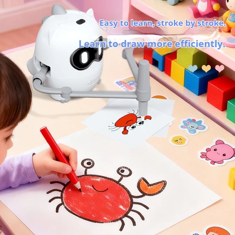 A child is using an interactive dinosaur drawing robot to draw a squid on paper.