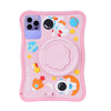 A pink silicone tablet case featuring various space-themed designs like astronauts and planets.