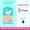 A light blue waterproof labeling stamp with a custom name design and a beige base.