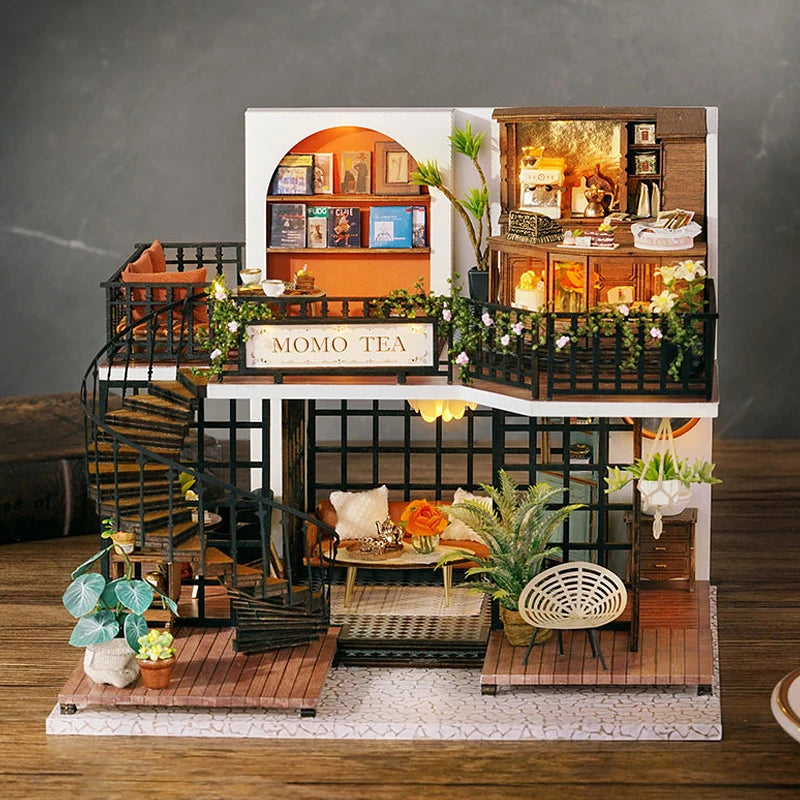 A detailed miniature dollhouse puzzle kit featuring an orange and wood theme with various furniture and decorative items.