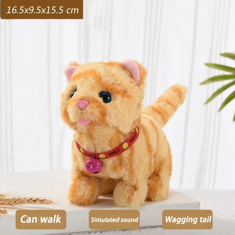 An orange plush cat toy with a collar and wagging tail sitting on a white surface.