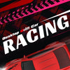 A red 1:64 scale RC drift car is shown in a dynamic racing context against a dark background.