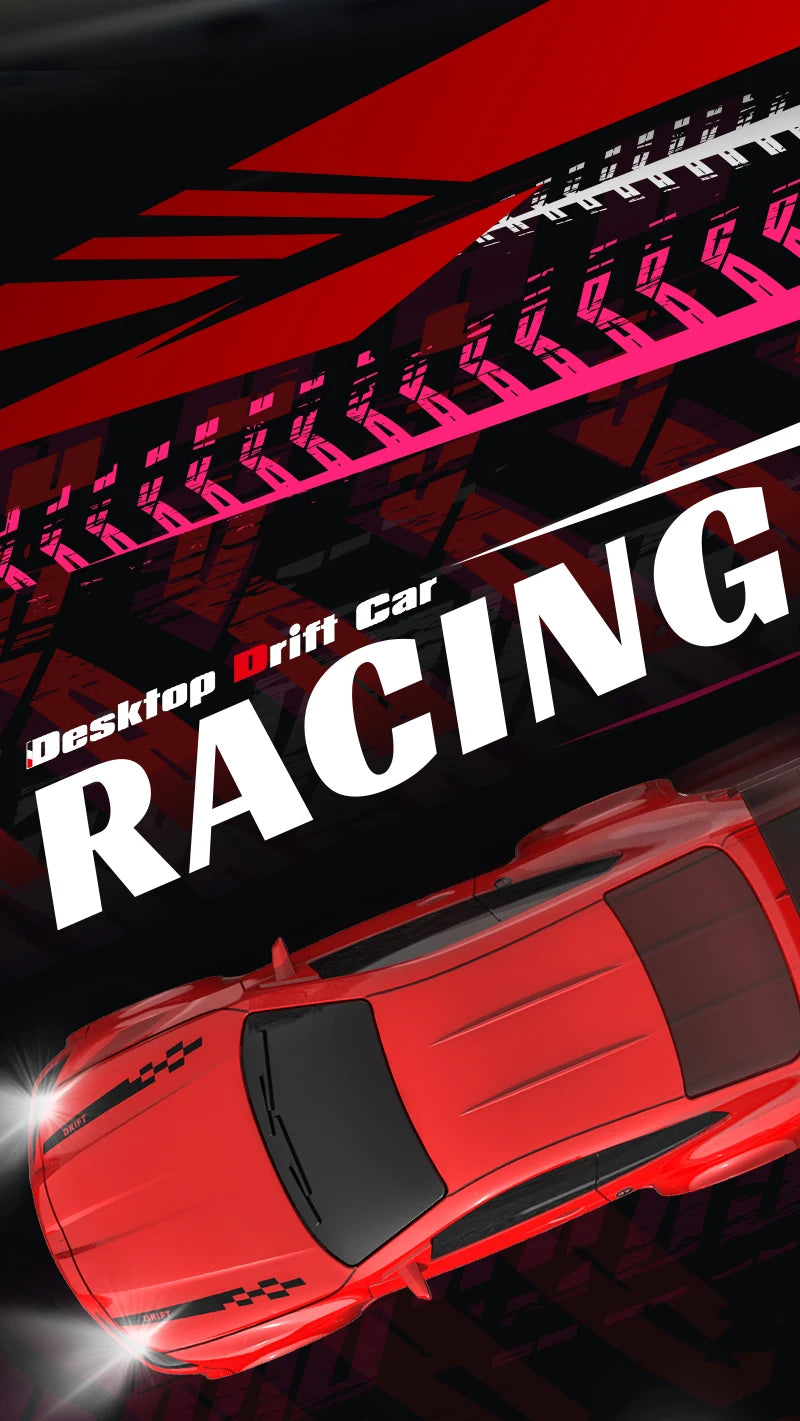 A red 1:64 scale RC drift car is shown in a dynamic racing context against a dark background.