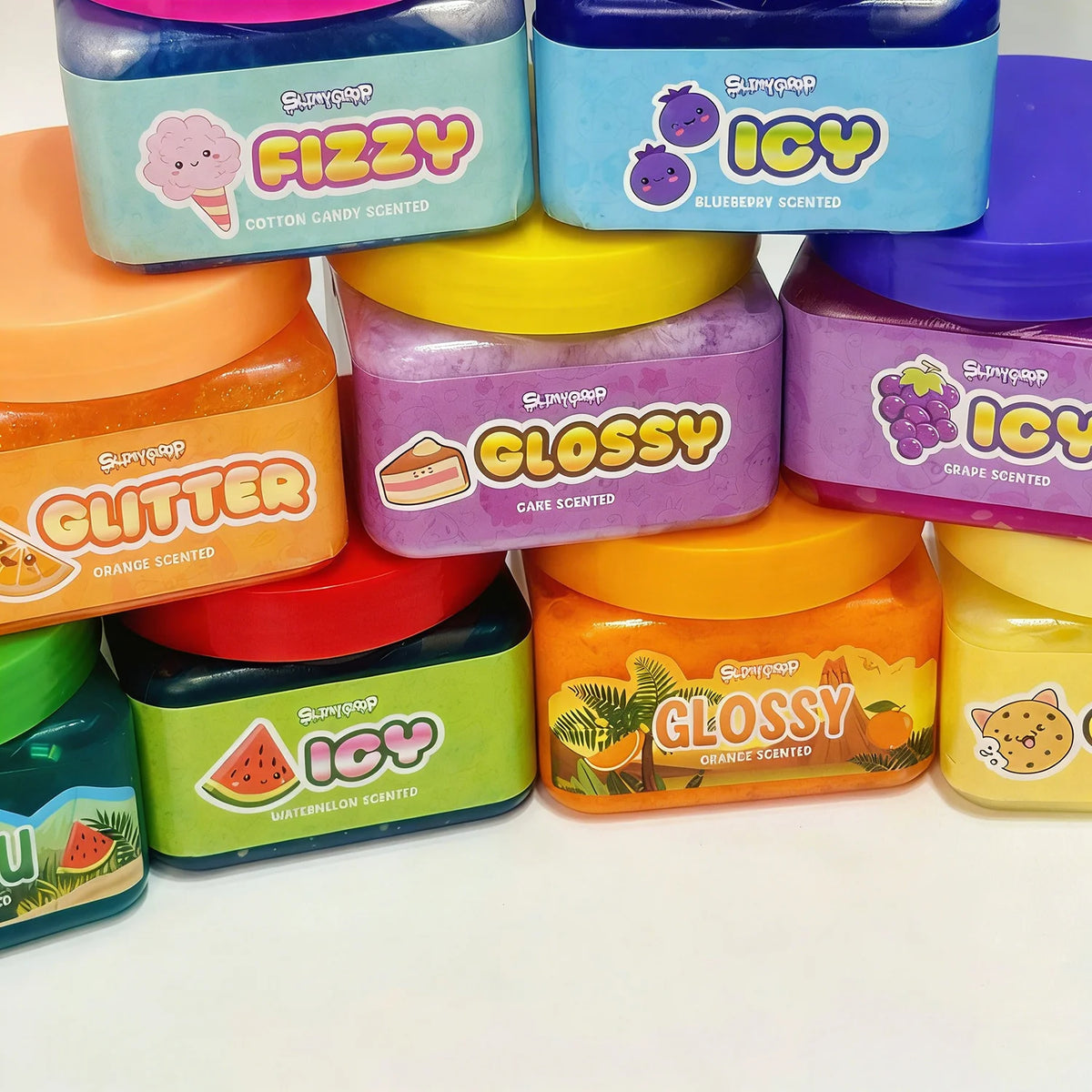 A collection of colorful SlimeGoop containers featuring various scents and colors like fizzy, icy, glitter, and glossy.