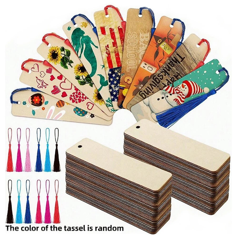A collection of DIY wooden blank bookmarks with various colorful tassels.