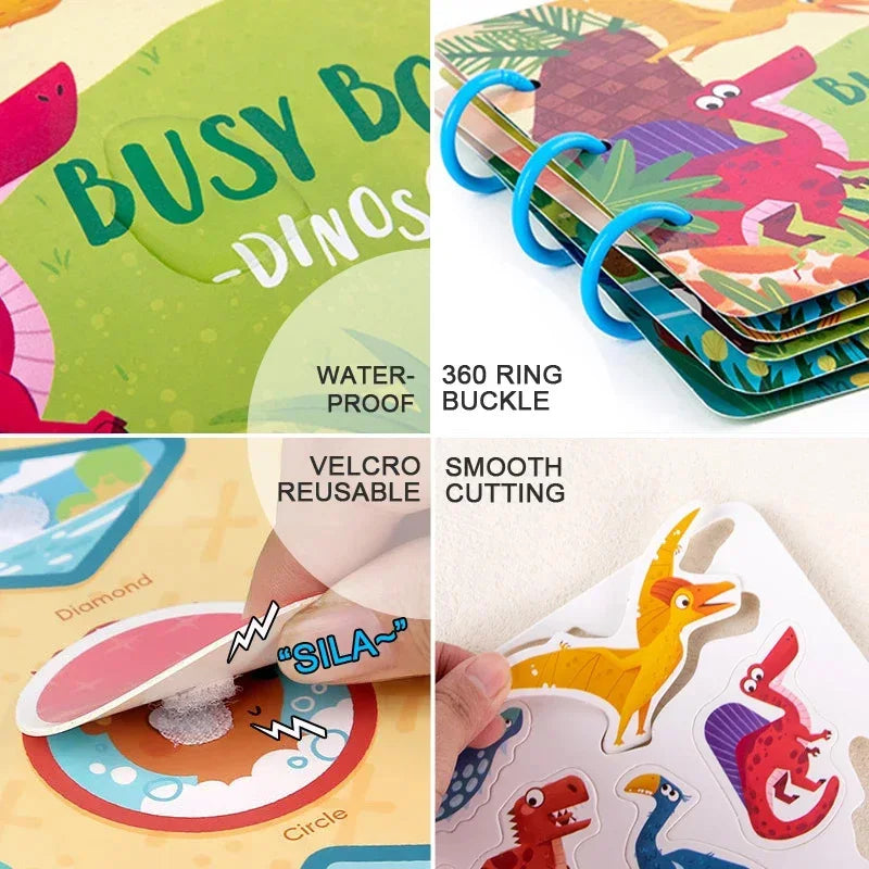 A set of colorful dinosaur-themed Montessori busy book pages and a die-cut dinosaur shape.