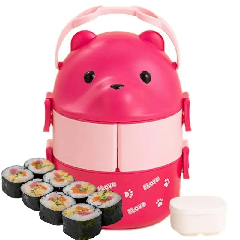 A pink bear-shaped stackable bento lunch box for kids with a pink lid and a white container.