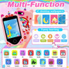 A pink kids' touchscreen phone with a unicorn design showing various app icons for learning and entertainment.