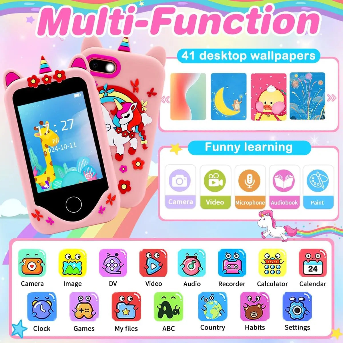 A pink kids' touchscreen phone with a unicorn design showing various app icons for learning and entertainment.