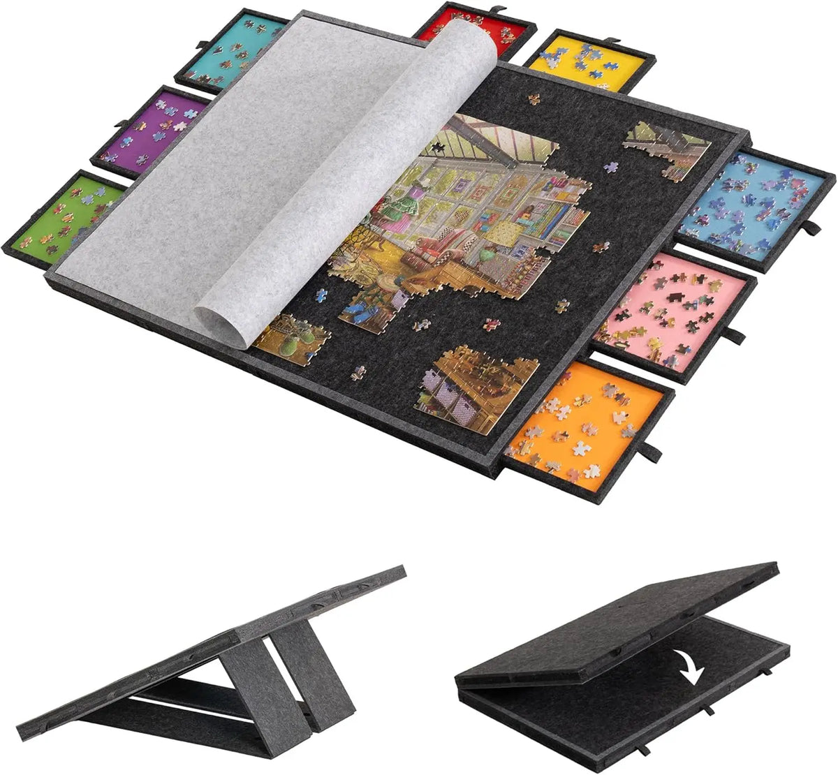 Tilting and foldable puzzle board with eight storage drawers shown in various angles.