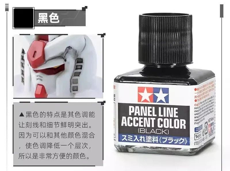 A bottle of Panel Line Accent Color enamel paint in black, shown next to a diagram illustrating the application on a tooth mo