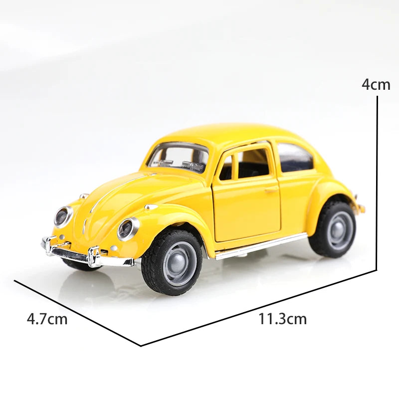 Yellow 1:38 die-cast classic Beetle model car shown from the side with dimensions.