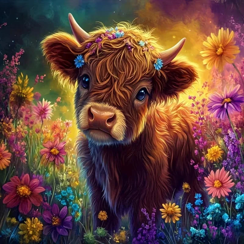 A fluffy brown calf with horns is surrounded by colorful wildflowers and soft light.