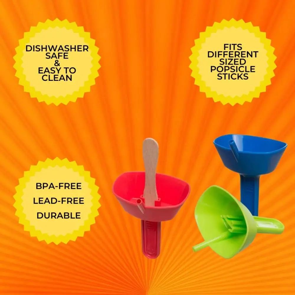 A set of colorful drip-proof popsicle holders in red, green, and blue, highlighting features like dishwasher safety and durab