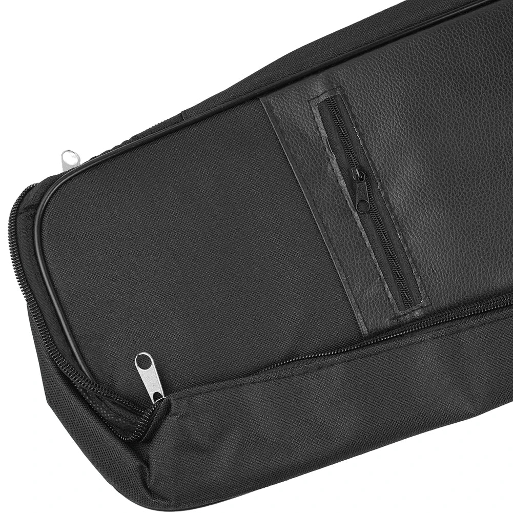 Black padded water-resistant guitar bag with a zippered compartment shown from above.