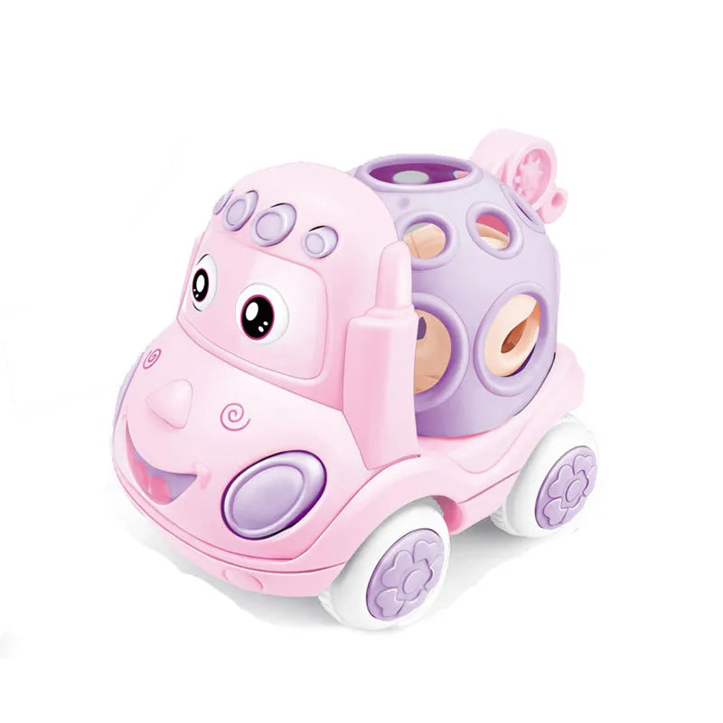 A pink and purple soft rubber push and go friction car toy set for babies.