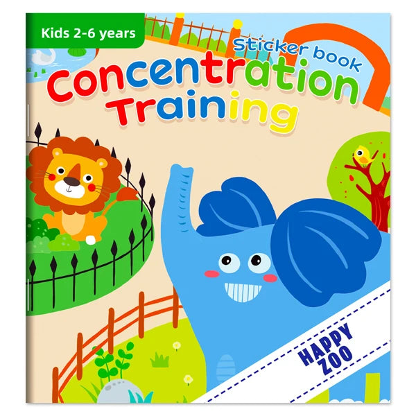 A colorful sticker book for kids featuring lion and blue elephant illustrations for concentration training.