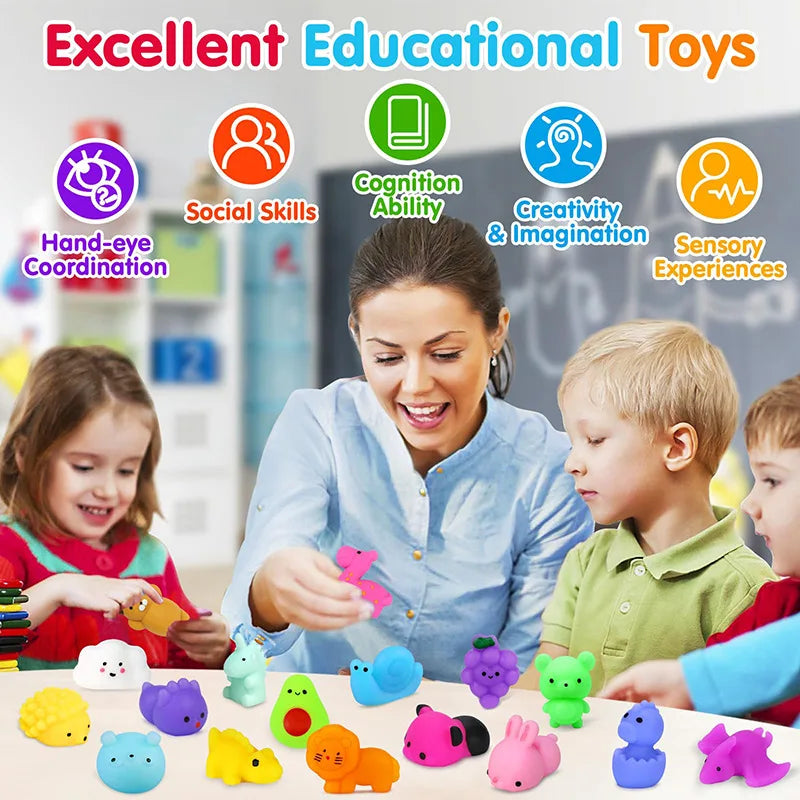 A woman is playing with various colorful squishy fidget toys and sensory items with young children.