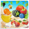 A 20-piece wooden puzzle set featuring various fruits like apples, berries, oranges, and bananas.